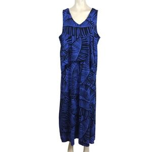 Chicos Blue Black Tropical Palm Leaf Popover Maxi Dress Womens Sz 2 US 12 V-Neck